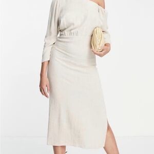 ASOS DESIGN Linen Fallen Shoulder Midi Dress Stone Size 2 preowned exellent cond